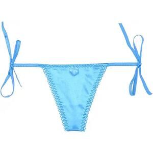 Celamirio Women's Low Rise Side Tie Thong Panties Satin Blue S M L